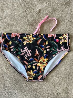 Floral Swim Briefs in Black and Pink Drawcord by Kaftko, XL see size notes